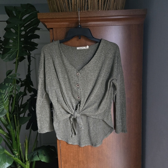 Liberty Love Tops - Liberty Love Tie Front Button Up Long Sleeve Top Heathered Green